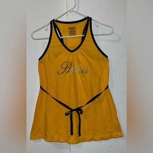 Women’s Yellow Reebok Tank Top with Black Ribbon Tie and Steelers spelled out.